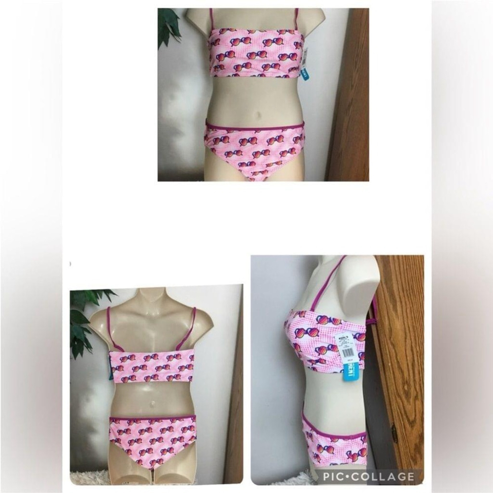 Undercurrent Bandeaukini Woman's Juniors size XL pink dots & sunglasses theme